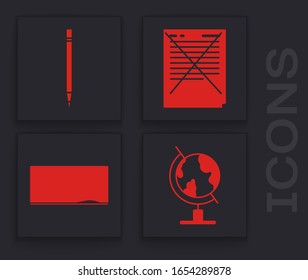 Set Earth globe, Pencil with eraser, Exam paper with incorrect answers survey and Chalkboard icon. Vector