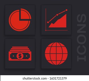 Set Earth globe, Pie chart infographic, Pie chart infographic and Stacks paper money cash icon. Vector