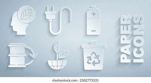 Set Earth globe and plant, Battery, Eco fuel barrel, Recycle bin with recycle, Electric plug and Human head leaf inside icon. Vector