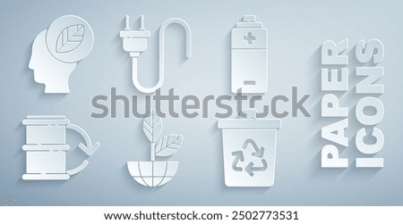 Set Earth globe and plant, Battery, Eco fuel barrel, Recycle bin with recycle, Electric plug and Human head leaf inside icon. Vector