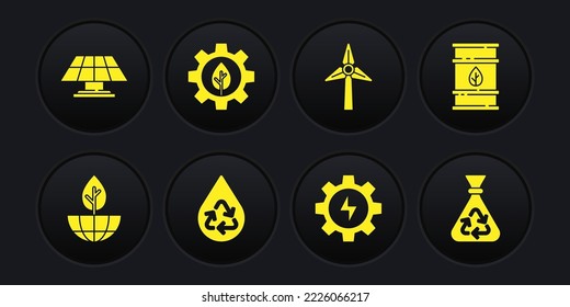 Set Earth globe and plant, Bio fuel barrel, Recycle clean aqua, Gear lightning, Wind turbine, Leaf gear machine, Garbage bag with recycle and Solar energy panel icon. Vector