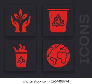 Set Earth globe, Plant in hand of environmental protection, Recycle bin with recycle symbol and Recycle bin with recycle symbol icon. Vector