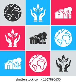 Set Earth Globe, Plant in Hand von Umweltschutz und umweltfreundlichen Haus Symbol. Vektorillustration