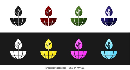 Set Earth globe and plant icon isolated on black and white background. World or Earth sign. Geometric shapes. Environmental concept.  Vector