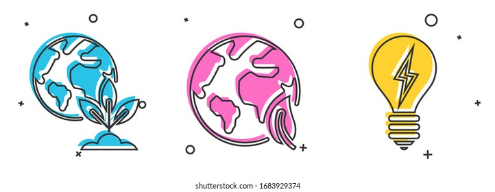 Coloque el globo terrestre y la planta, el globo terrestre, la hoja y la bombilla con un icono de símbolo de relámpago. Vector