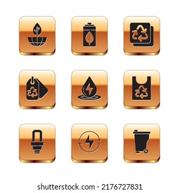Set Earth globe and plant, LED light bulb, Lightning bolt, Water energy, Tag with recycle, Recycle, Trash can and Eco nature leaf battery icon. Vector