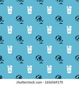 Set Earth globe and plant and Recycle bin with recycle symbol on seamless pattern. Vector