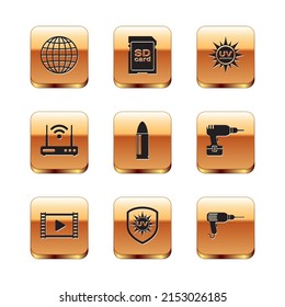 Set Earth globe, Play Video, UV protection, Bullet, Router and wi-fi and  icon. Vector