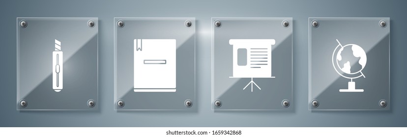 Set Earth globe, Presentation financial board with graph, schedule, chart, diagram, infographic, pie graph, Notebook and Stationery knife. Square glass panels. Vector