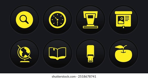 Set Earth globe, Projection screen, Open book, USB flash drive, Stage stand, Clock, Apple and Magnifying glass icon. Vector