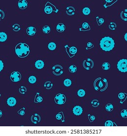 Set Earth globe, Recycle symbol, Recycling plastic bottle and Electric saving plug leaf on seamless pattern. Vector
