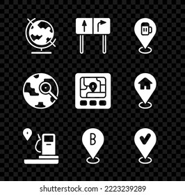 Setzen Sie Erdkugel, Straßenverkehrszeichen, Alkohol- oder Bierbar Position, Standort und Tankstelle, mit Häkchen, Magnifying Glas und GPS Gerät Karte Symbol. Vektorgrafik