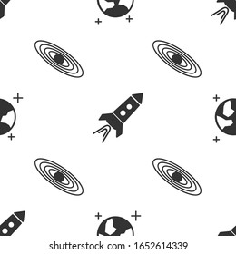 Set Earth globe, Rocket ship with fire and Planet on seamless pattern. Vector