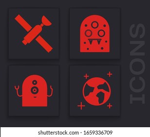 Set Earth globe, Satellite, Alien and Alien icon. Vector