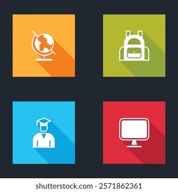 Set Earth globe, School backpack, Graduate and graduation cap and Computer monitor icon. Vector