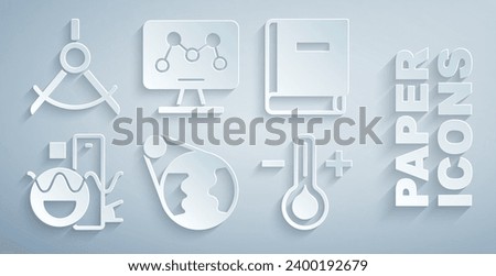 Set Earth globe, Science book, Basic geometric shapes, Thermometer, Genetic engineering and Drawing compass icon. Vector