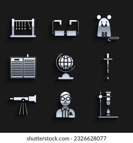 Set Earth globe, Scientist, Glass test tube flask on fire heater, Pipette, Telescope, Open science book, Rat and Pendulum icon. Vector