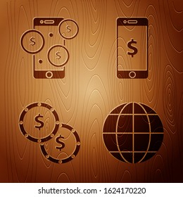 Set Earth globe, Smartphone with dollar symbol, Coin money with dollar symbol and Smartphone with dollar symbol on wooden background. Vector