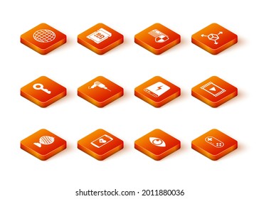 Fijar globo terrestre, Smartphone con frecuencia cardíaca, tecla, máquina de perforación, ojos y icono de banco de energía. Vector