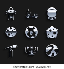 Set Earth globe, Solar system, Planet, Telescope, Saturn, Astronaut helmet and UFO abducts cow icon. Vector