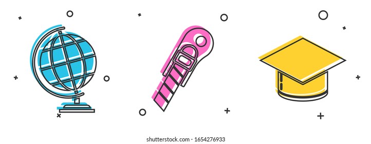 Set Earth globe, Stationery knife and Graduation cap icon. Vector