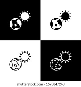 Coloque el globo terrestre y el icono solar aislados en fondo blanco y negro. Signo mundial o terrestre. Símbolo global de internet. Formas geométricas. Ilustración vectorial