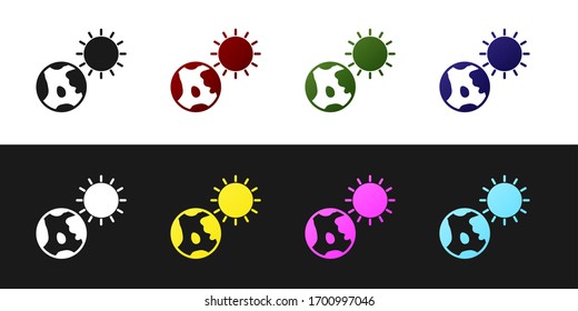 Set Earth globe and sun icon isolated on black and white background. World or Earth sign. Global internet symbol. Geometric shapes. Vector Illustration