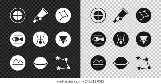 Set Earth Globe, Teleskop, Great Bear Konstellation, Element, Planet Saturn, Sternzeichen Sterne, Fische und Symbol Uranus Icon. Vektor