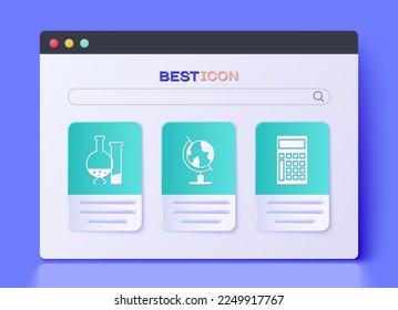Set Earth globe, Test tube and flask chemical laboratory test and Calculator icon. Vector