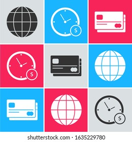 Set Earth globe, Time is money and Credit card icon. Vector