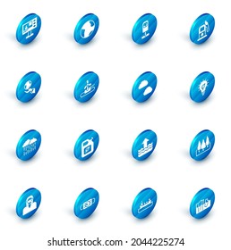 Set Earth globe, Trash can, Petrol or gas station, Hands holding, Cloud with rain, Wind turbine, Light bulb leaf and  icon. Vector