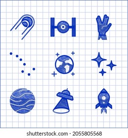 Set Earth globe, UFO flying spaceship, Rocket with fire, Falling star, Planet, Great Bear constellation, Vulcan salute and Satellite icon. Vector
