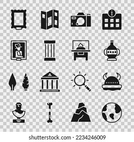 Set Earth globe, Viking in horned helmet, Ancient amphorae, Photo camera, column, Portrait museum, Picture and Glass showcase for exhibit icon. Vector