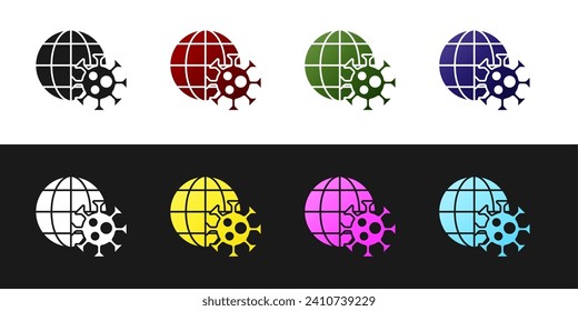 Set Earth globe with virus icon isolated on black and white background. Corona virus 2019-nCoV. Bacteria and germs, cell cancer, microbe, fungi.  Vector