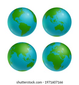 Set of Earth globes with all green continents. Glossy Earth planet, detailed world map. Travel around the world, planet protection realistic vector illustration isolated on white background
