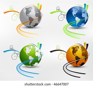 set of earth globes in different color designs. Concepts for transportation and ecology.