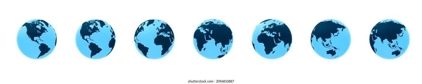 Conjunto de globos terrestres. Planeta de globo. 3 quinquies de representación. Modelo de planeta azul. Continentes en el mundo - áfrica, europa, asia, estados unidos. Mapa mundial en el mundo. Ilustración del vector