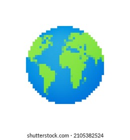 Establece globos terrestres aislados en fondo blanco. Icono del planeta Tierra de estilo Pixel. Ilustración de material vectorial.