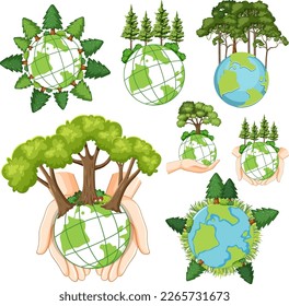 Set of earth globes and trees illustration
