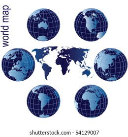 Set of Earth globes and world map