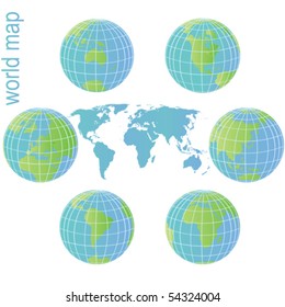 Set of Earth globes and world map with blue and green