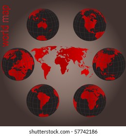 Set of Earth globes and world map with red and black