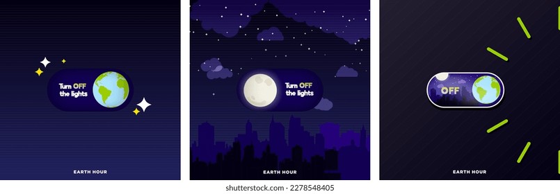 Set of Earth Hour Design Posters. On and Off switch with Earth and Moon. Clock Design with light switch. Electricity Switch concept. Celebrated on 8:30. Editable Vector Illustration. EPS 10.