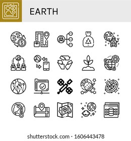 Set of earth icons. Such as Map, Worldwide, Network, Garbage, Rover, Communication, Recycle, Sprout, Globe, Space station, Astronaut, Space, Global warming, Universe , earth icons