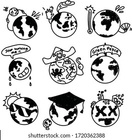 Un conjunto de iconos de la tierra adecuados para cualquier objeto natural contenido con estilo de caricatura de doodle