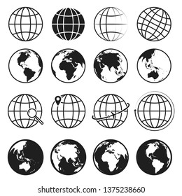 Set of earth icons. Template design for web or mobile app; tourism, transportation, travel, delivery. World sign. Globe symbol. Vector illustration