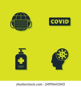 Set Earth with medical mask, Human and virus, Liquid antibacterial soap and Corona covid-19 icon. Vector