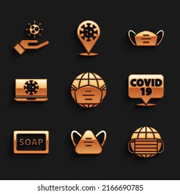 Set Earth with medical mask, Medical protective, Corona virus on location, Bar of soap, Virus statistics laptop,  and Hand icon. Vector