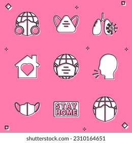 Set Earth with medical mask, Medical protective, Virus cells in lung, House heart inside, Man coughing,  and Stay home icon. Vector