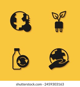 Set Earth melting to global warming, Hand holding globe, Recycling plastic bottle and Electric saving plug leaf icon with long shadow. Vector